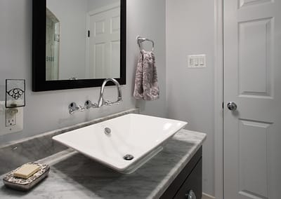 Bathroom remodel, home remodel, Northern Virginia remodel, bathroom design, granite countertops, white sink,