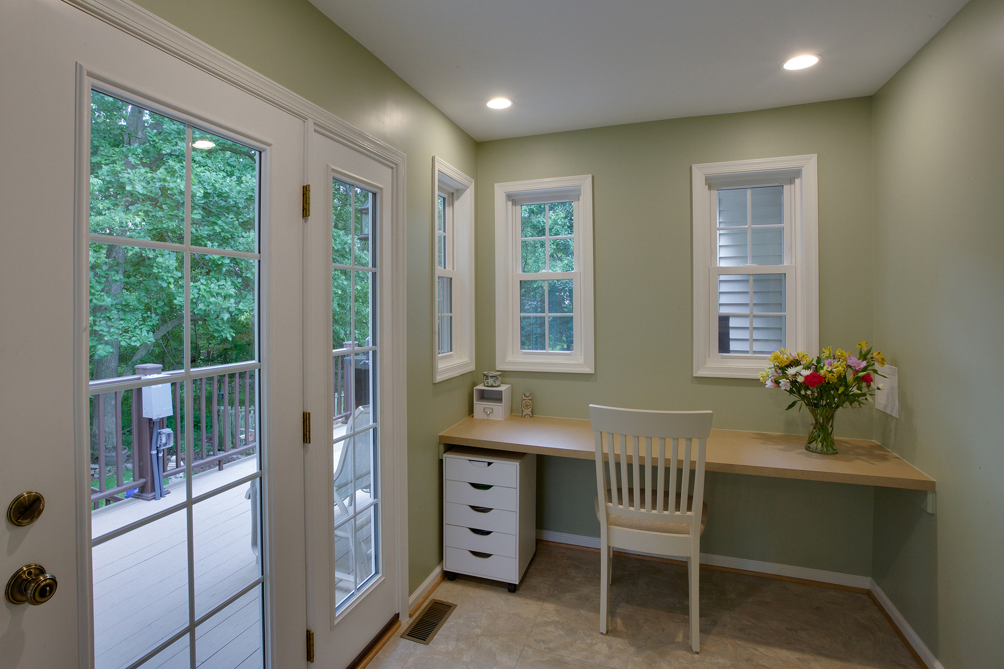 Home Remodeling project, home remodel, home addition, tile flooring, large windows, green walls, large ceilings, Northern Virginia remodeling, sitting table,