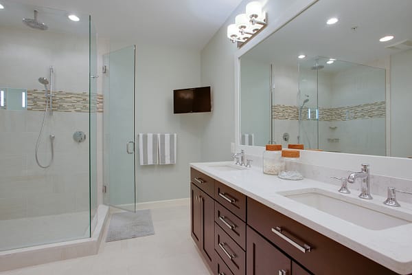 Bathroom remodel, home remodel, Northern Virginia remodel, bathroom design, granite countertops, white sink, shower tv, shower mirror, glass shower,