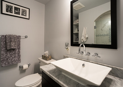 Bathroom remodel, home remodel, Northern Virginia remodel, bathroom design, granite countertops, white sink,